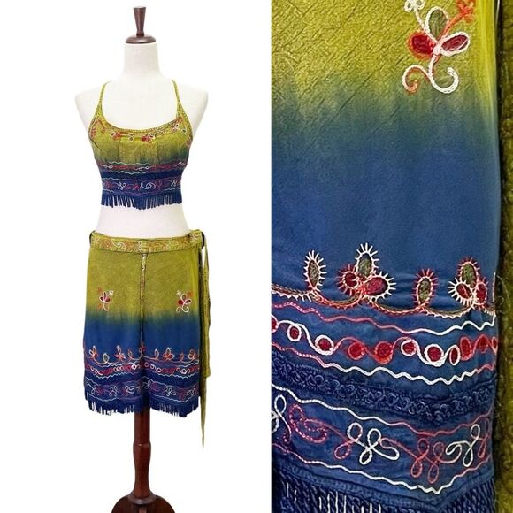 Flower Tie Dye Crop Top Wrap Skirt Set Free Size Boho Festival India Blue Green - Picture 1 of 10